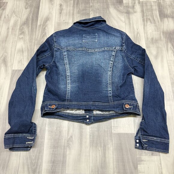 ✅Womens L Vanity Jean Jacket Blue Denim Button Up Pockets Dark Wash Distressed - Picture 2 of 10